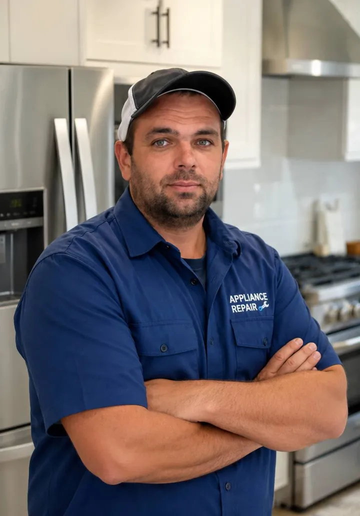 Alex, in a navy Appliance Repair work shirt and cap, standing in a kitchen with his arms crossed