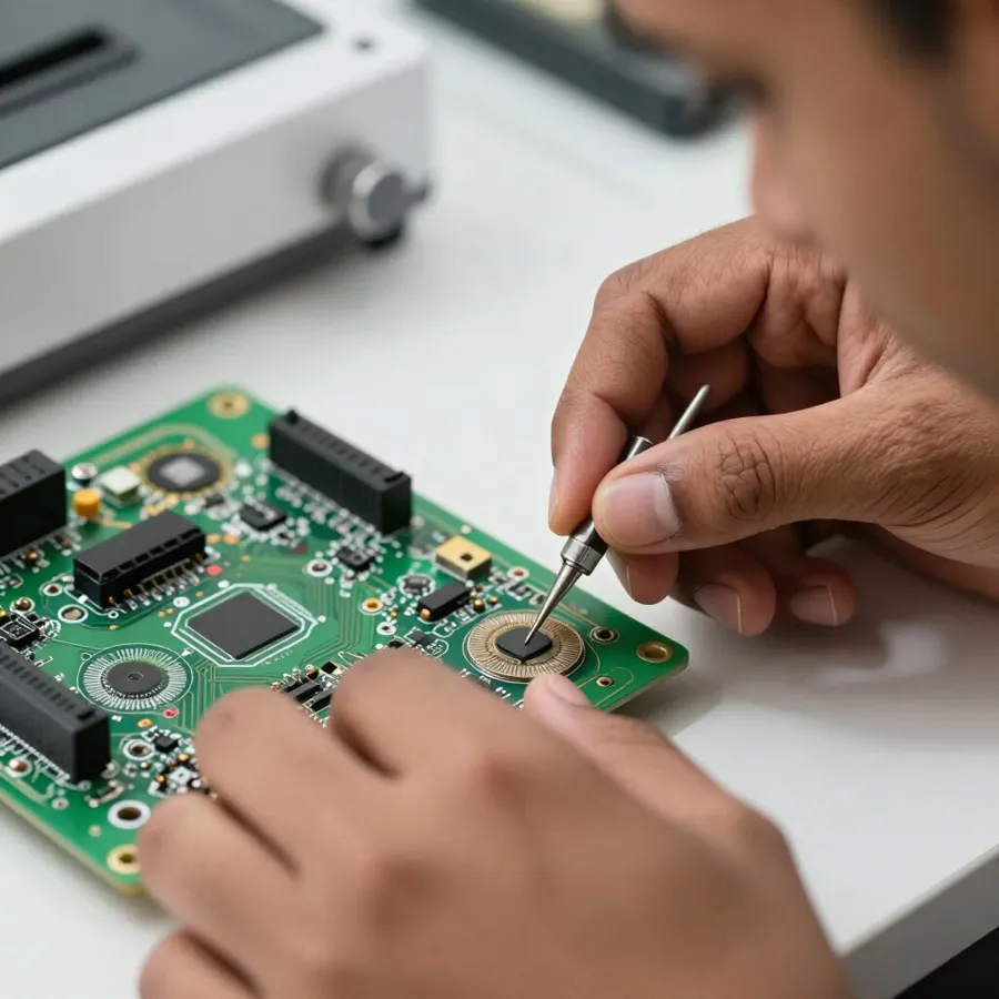 Technician repairing an appliance control board with a soldering iron