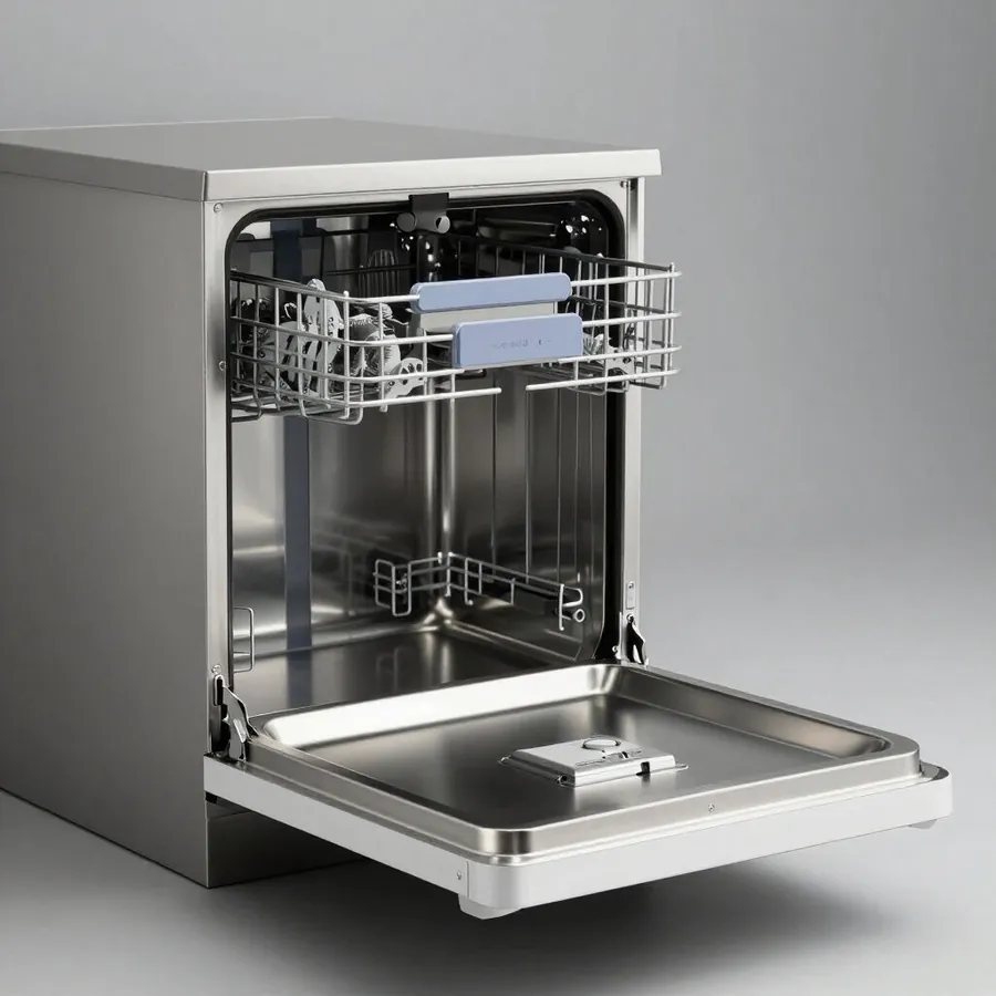Open dishwasher with dishes in the racks
