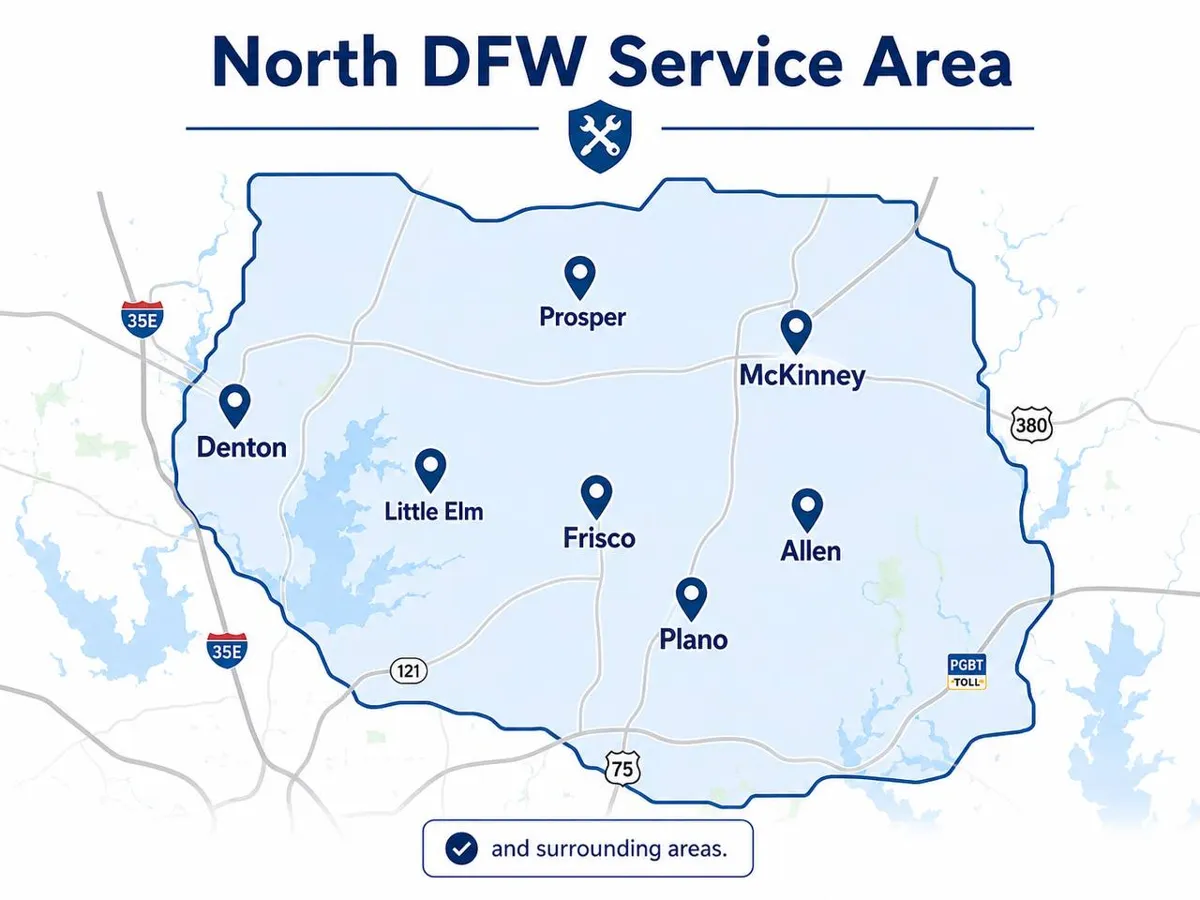 Map of the North DFW service area: Denton, Prosper, McKinney, Little Elm, Frisco, Allen and Plano, and surrounding areas