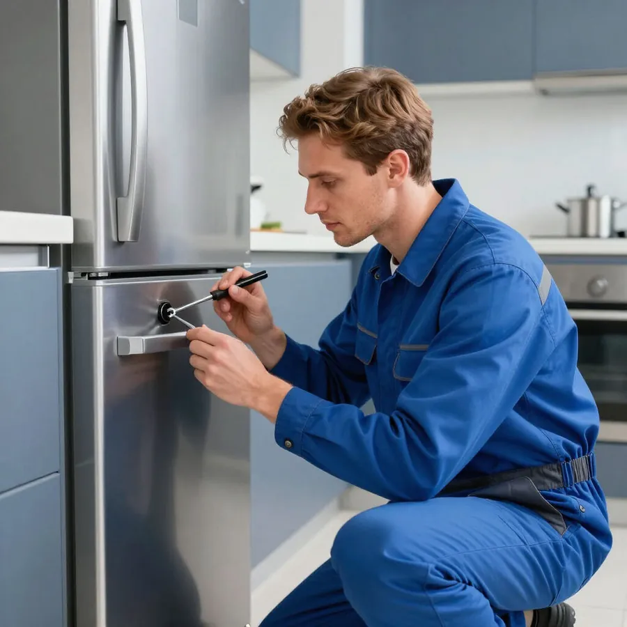 Technician in a blue uniform repairing a stainless steel refrigerator